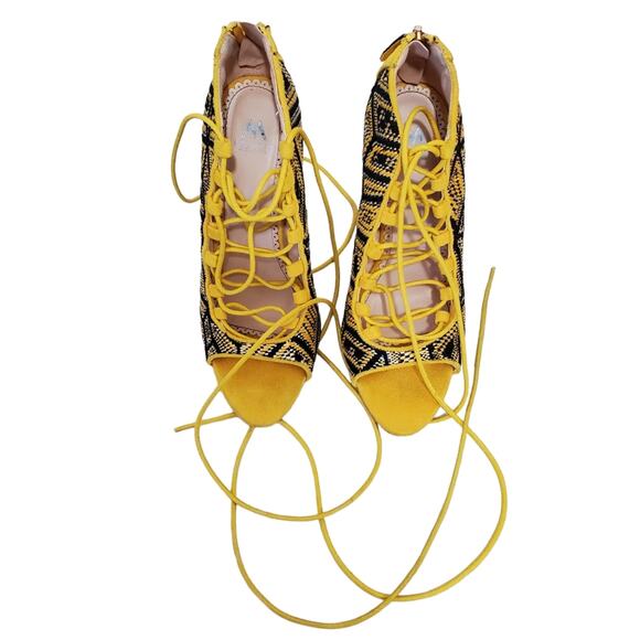 Madison by Shoe Dazzle | Knit Patterned Lace Up Strappy Peep Toe Stiletto Heels - Picture 6 of 11